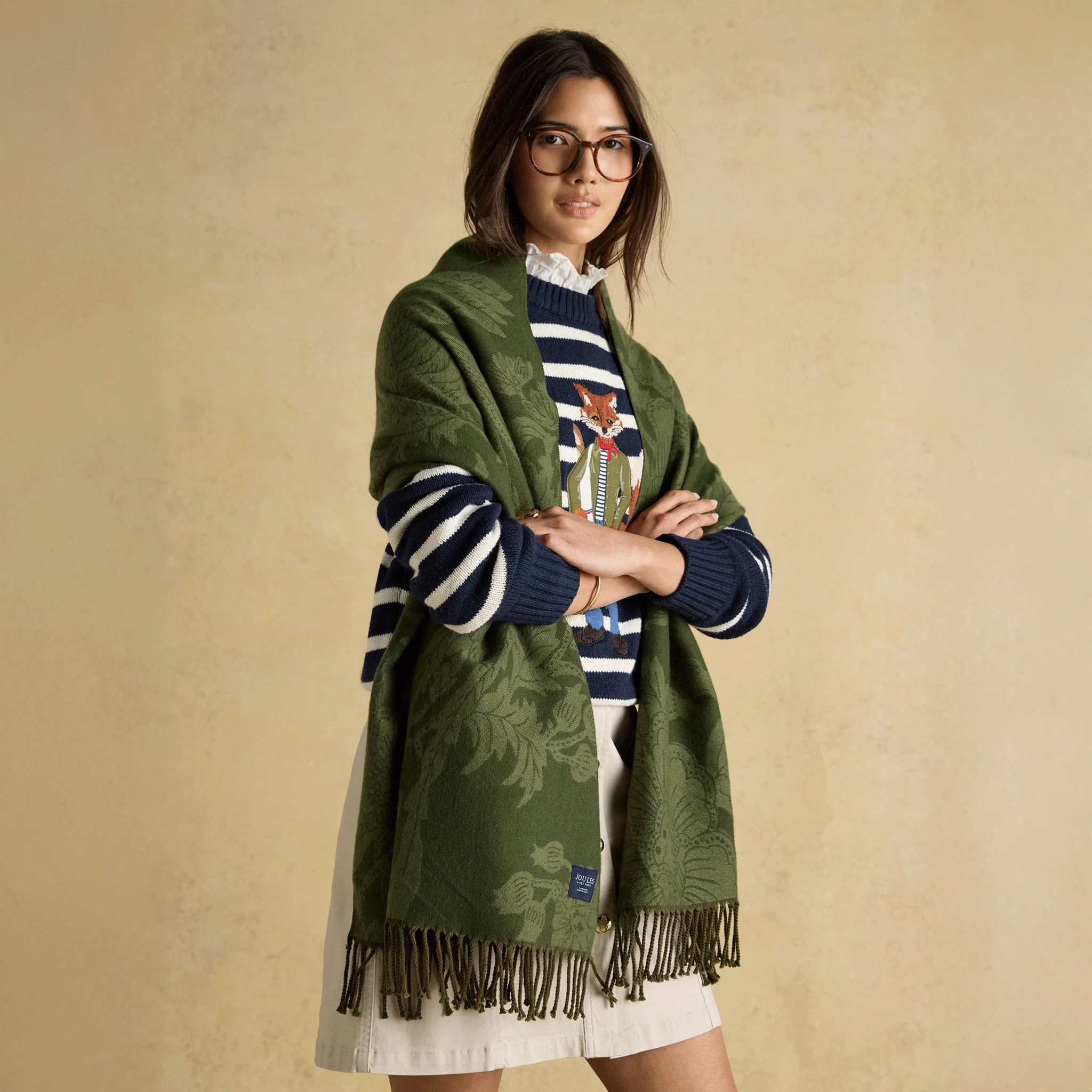 Joules Elissa Double-Sided Jacquard Patterned Scarf Khaki Green - Image 5