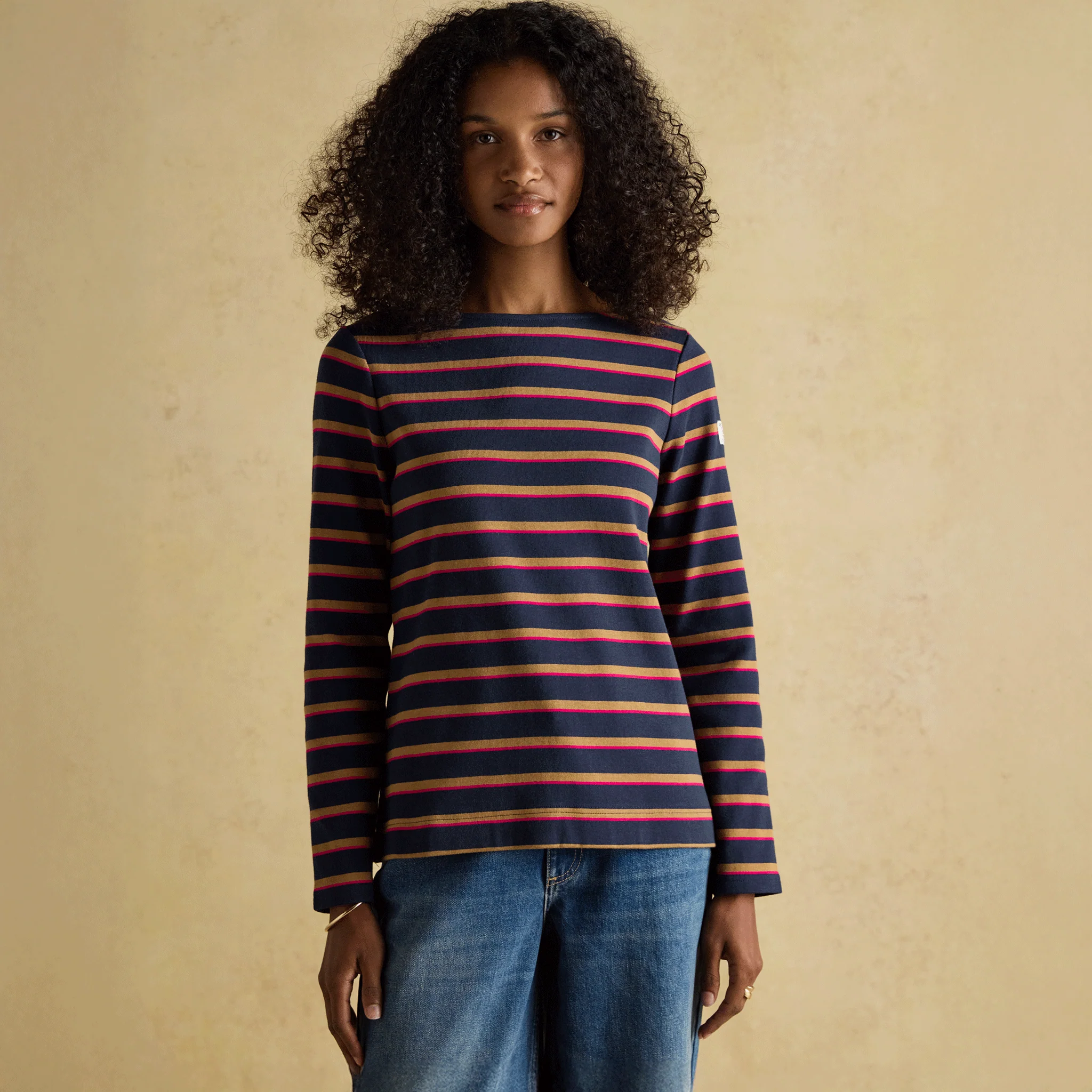 Joules Harbour Boat Neck Breton Stripe Top Tan-Navy - Image 2