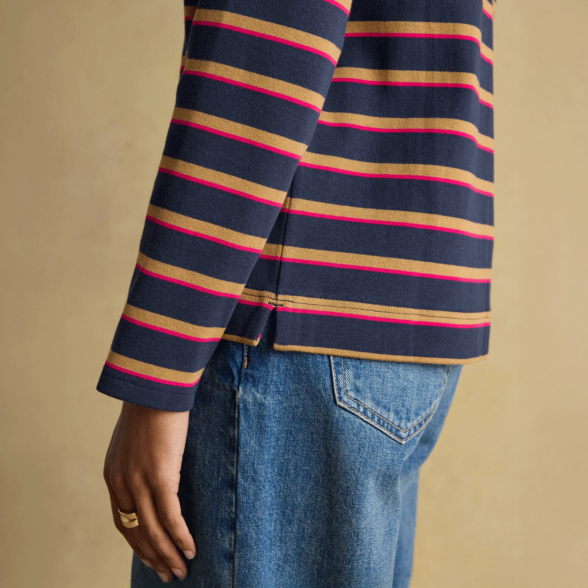 Joules Harbour Boat Neck Breton Stripe Top Tan-Navy - Image 4