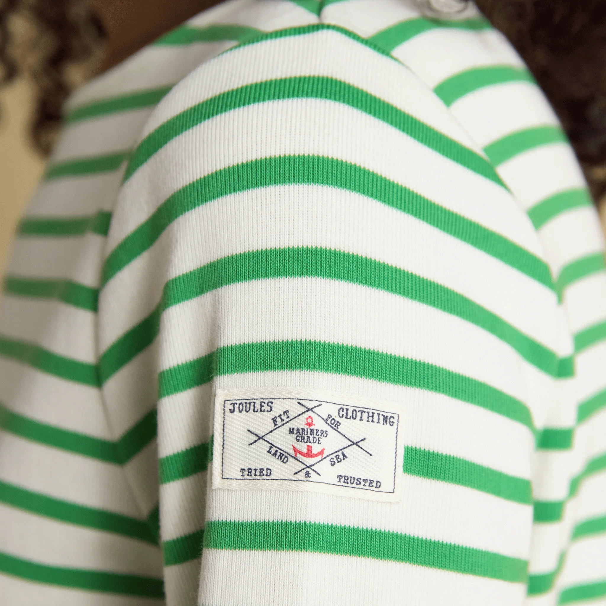 Joules Harbour Boat Neck Long Sleeve Striped Breton Top Cream & Green - Image 4