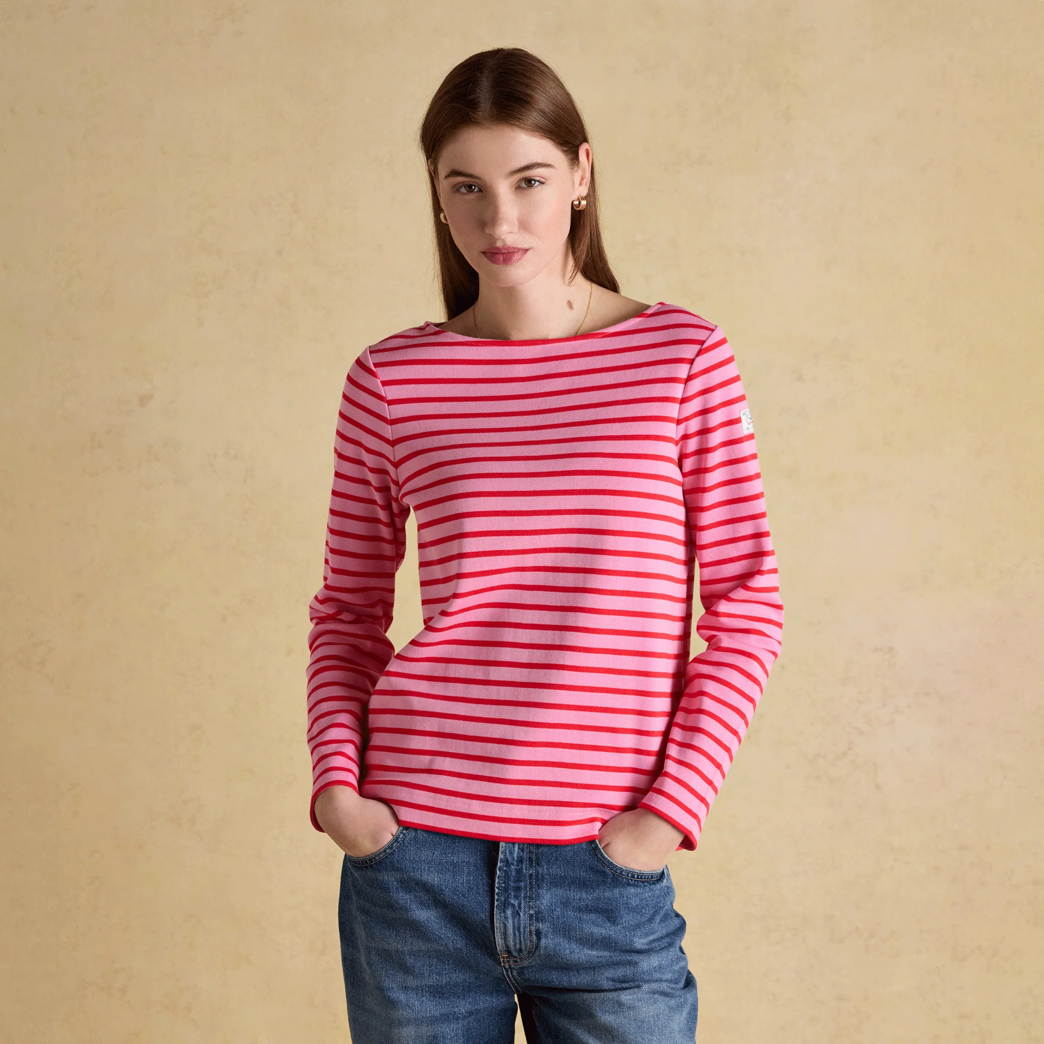 Joules Harbour Boat Neck Long Sleeve Striped Breton Top Pink & Red - Image 2