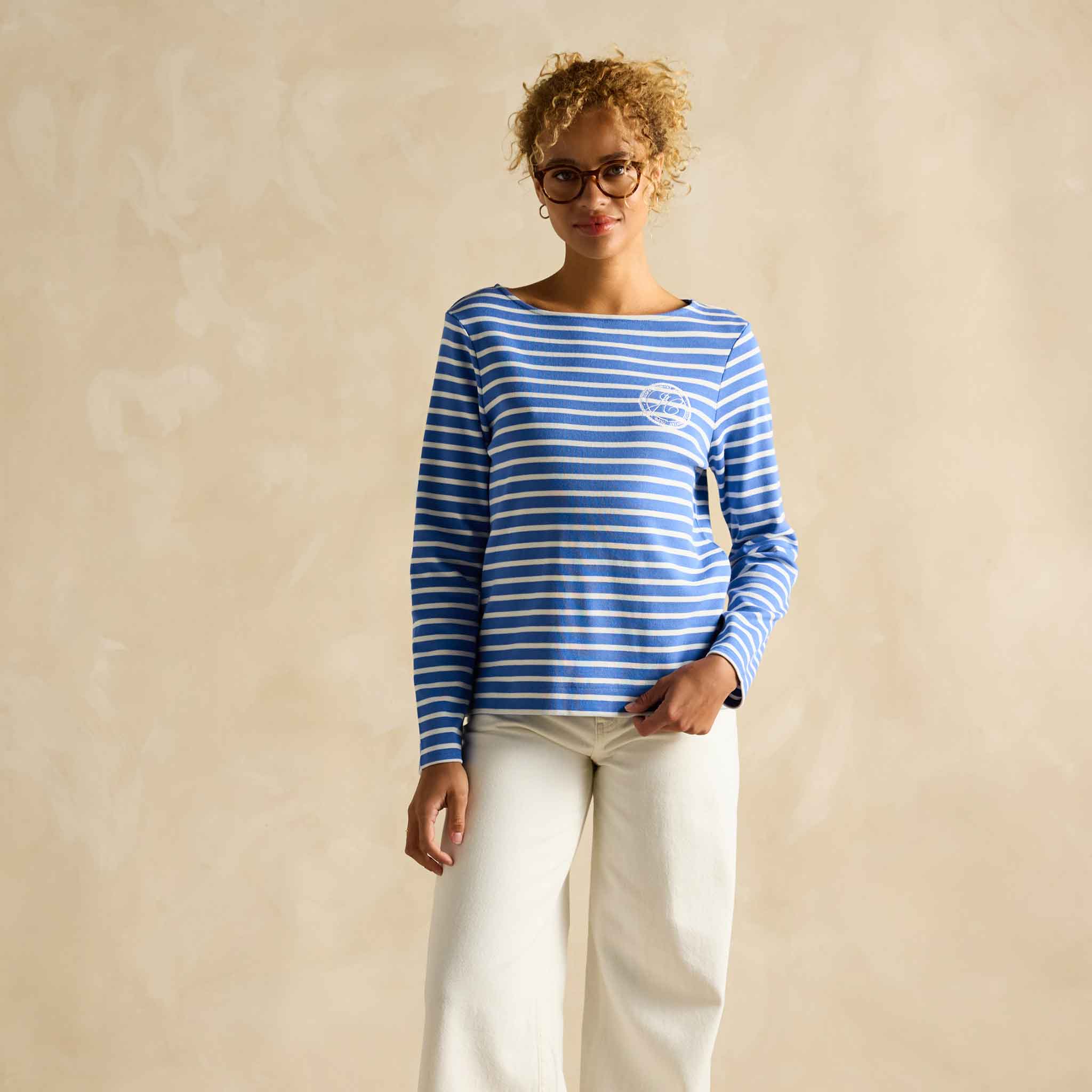 Joules Harbour Embroidered Boat Neck Breton Top Blue Stripe - Image 2