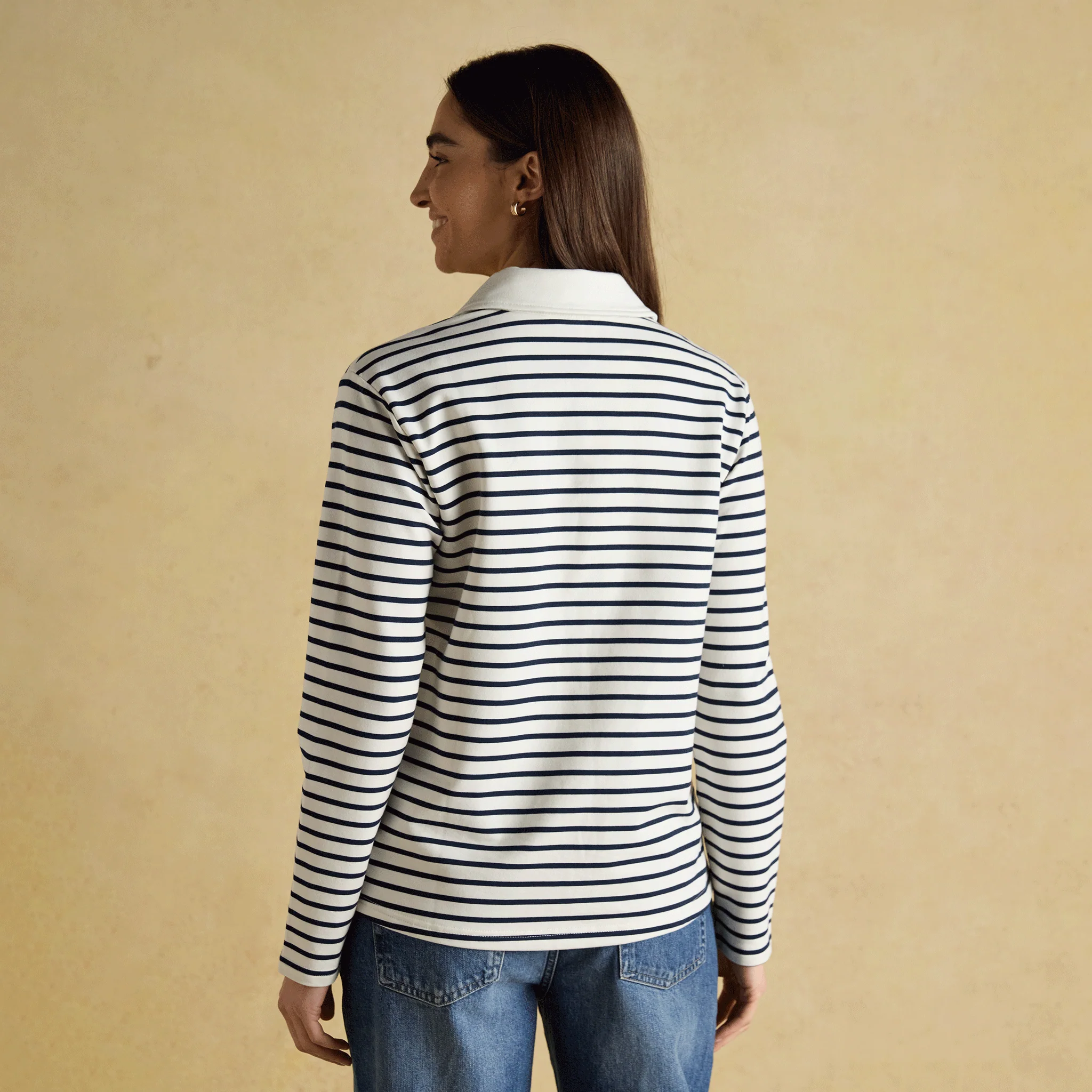 Joules Tallie Combed Cotton Slub Collared Top in Navy & Cream - Image 3