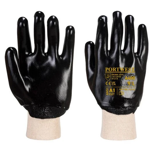 Portwest A400 PVC Fully Coated Knitwrist Gloves in Black or Red