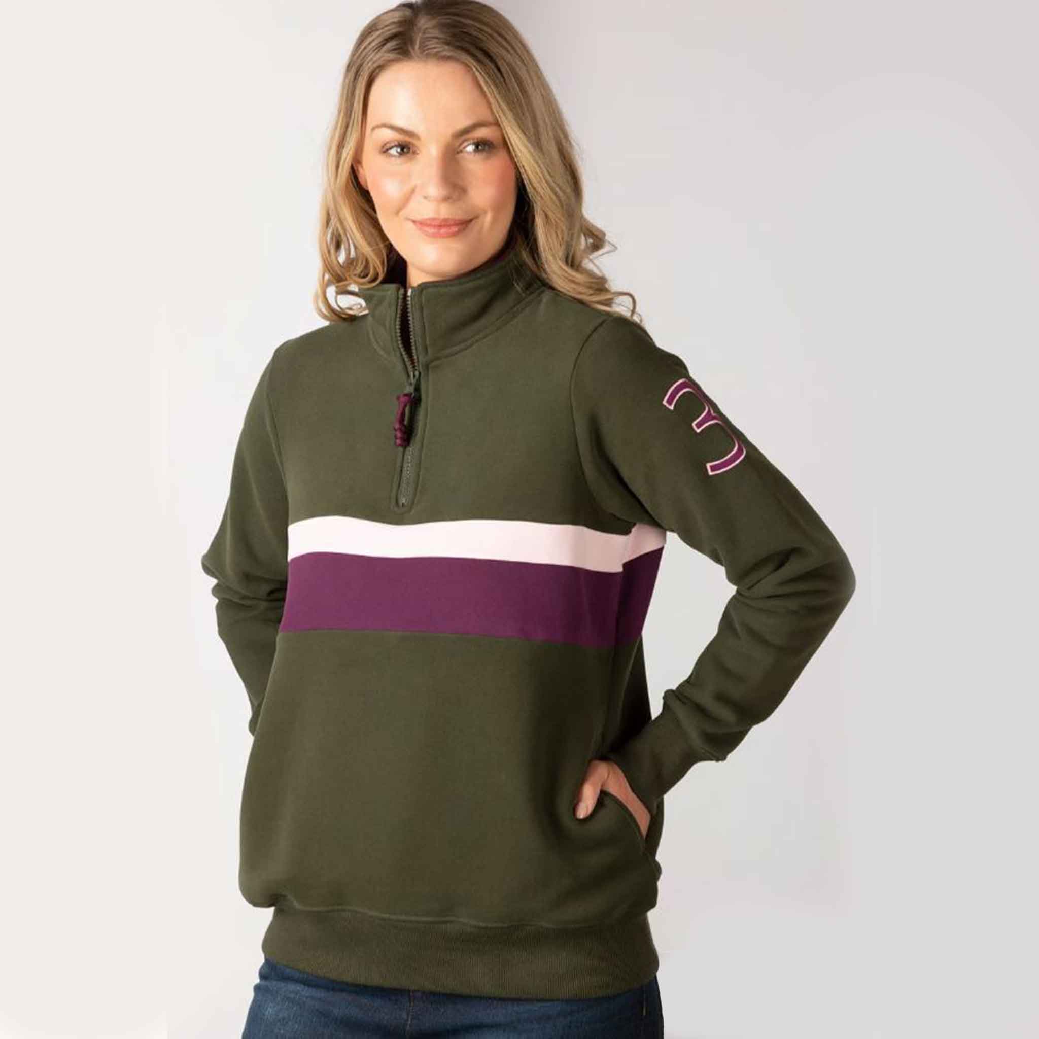 Rydale Bramham Ladies 1/4 Zip Stripe Sweatshirt Olive-Damson - Image 2
