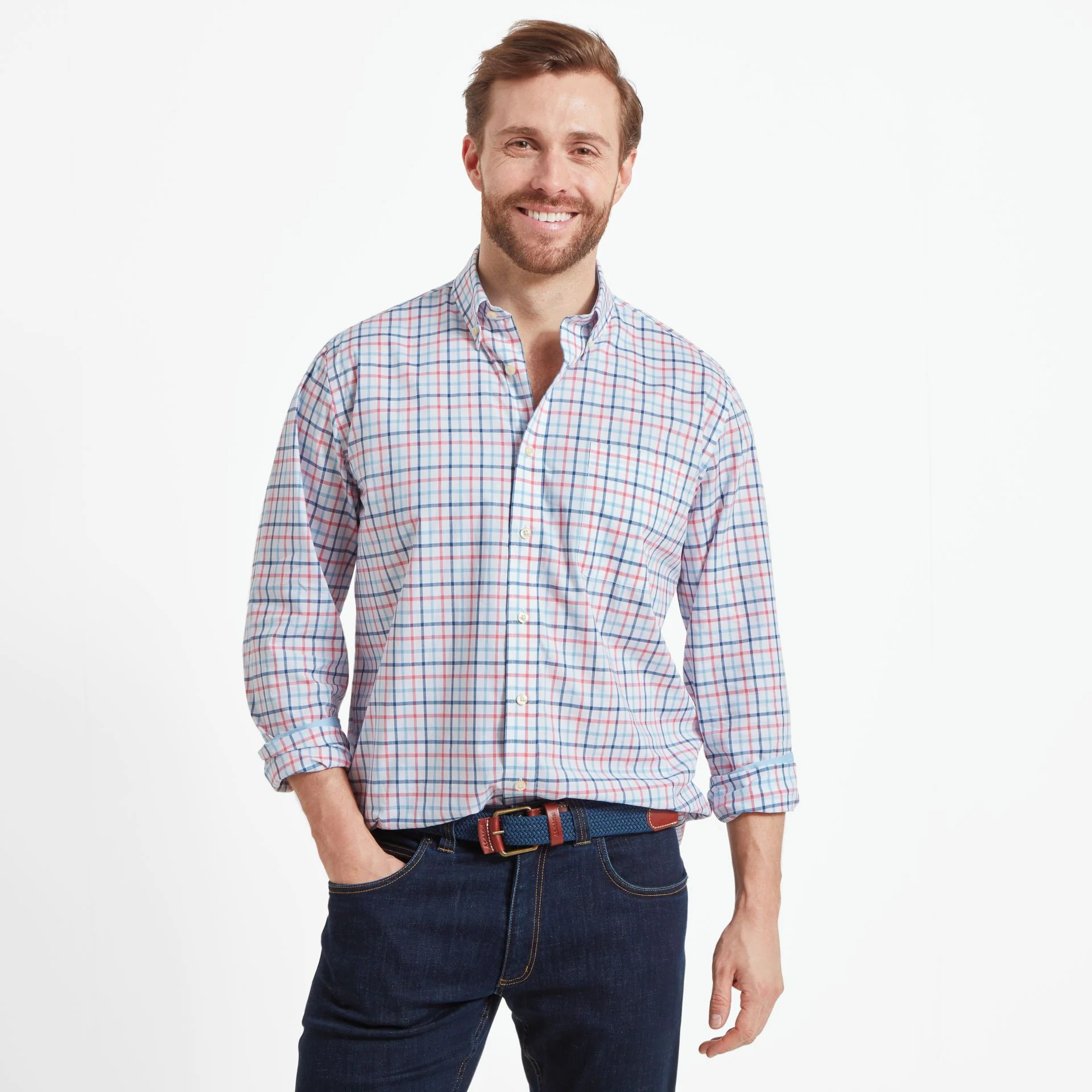 Schoffel Holkham Classic Shirt in French Navy, Sky Blue & Sun Coral - Image 2